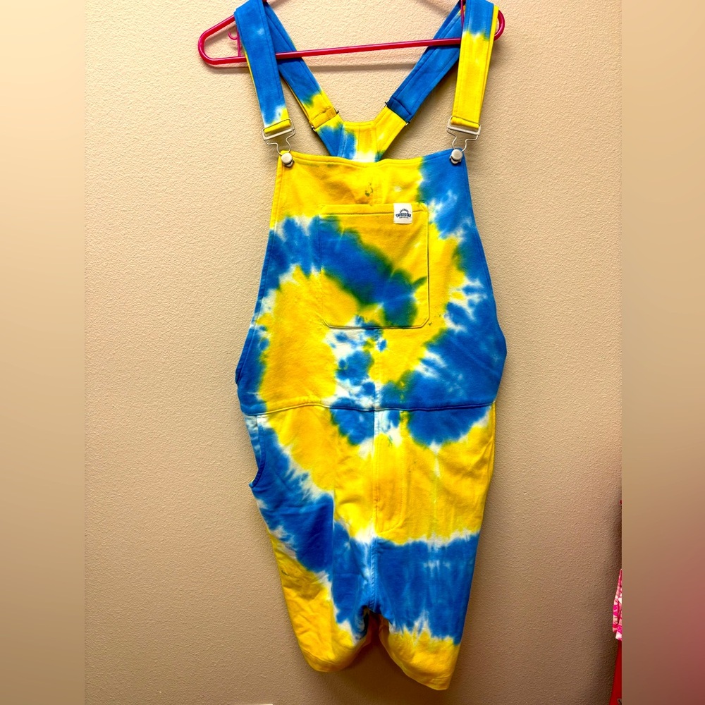 XL twisted tea overalls blue and yellow tie dye